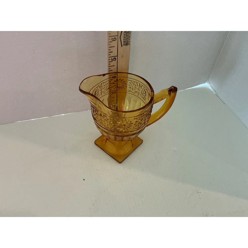 Tiara Vintage Amber Glass Creamer Sandwich Pattern Floral Square Base Small
